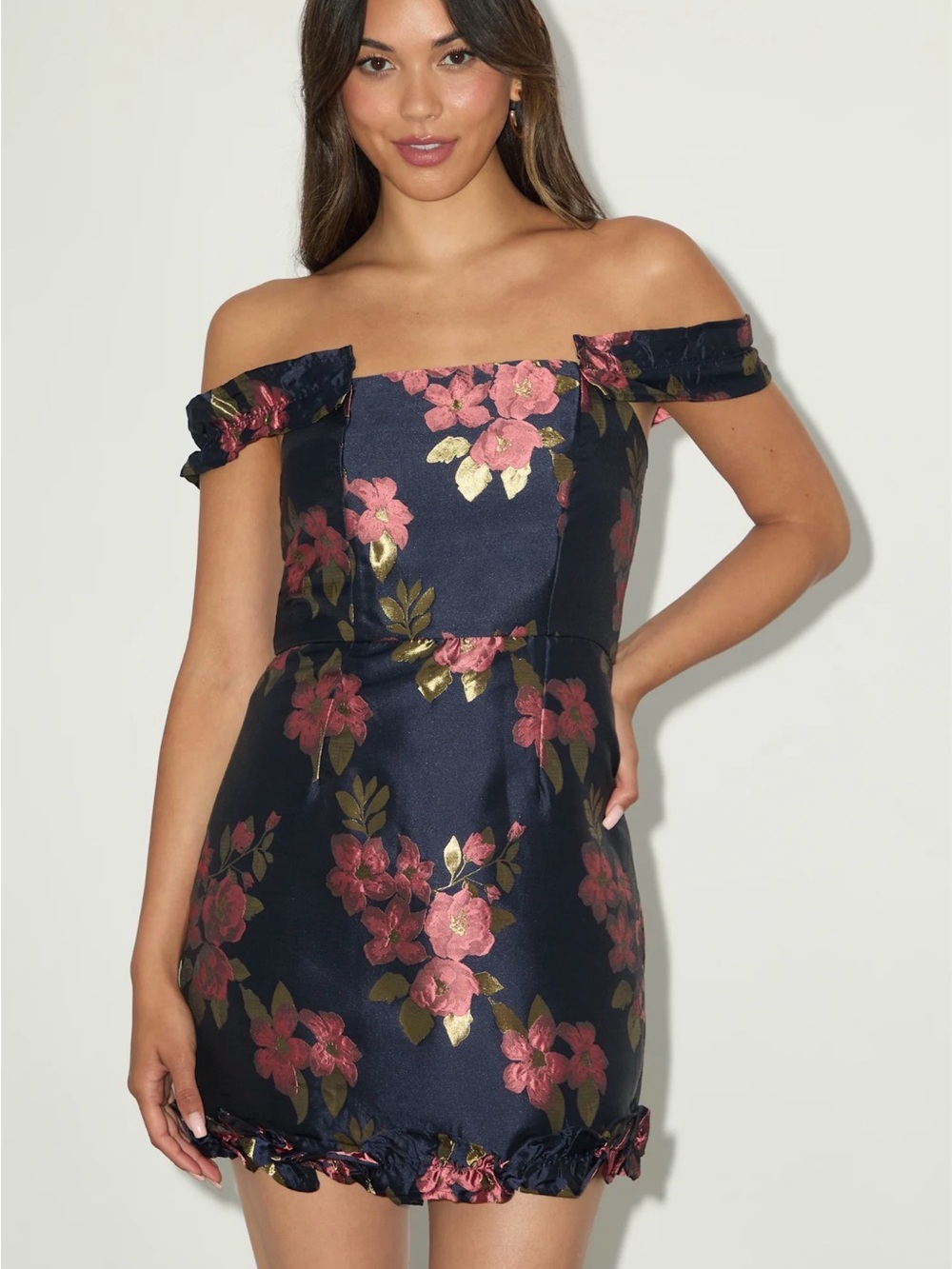 Lulus NWT Pop the Bottle Navy Blue Floral Jacquard Ruffled Mini Dress Sz Medium